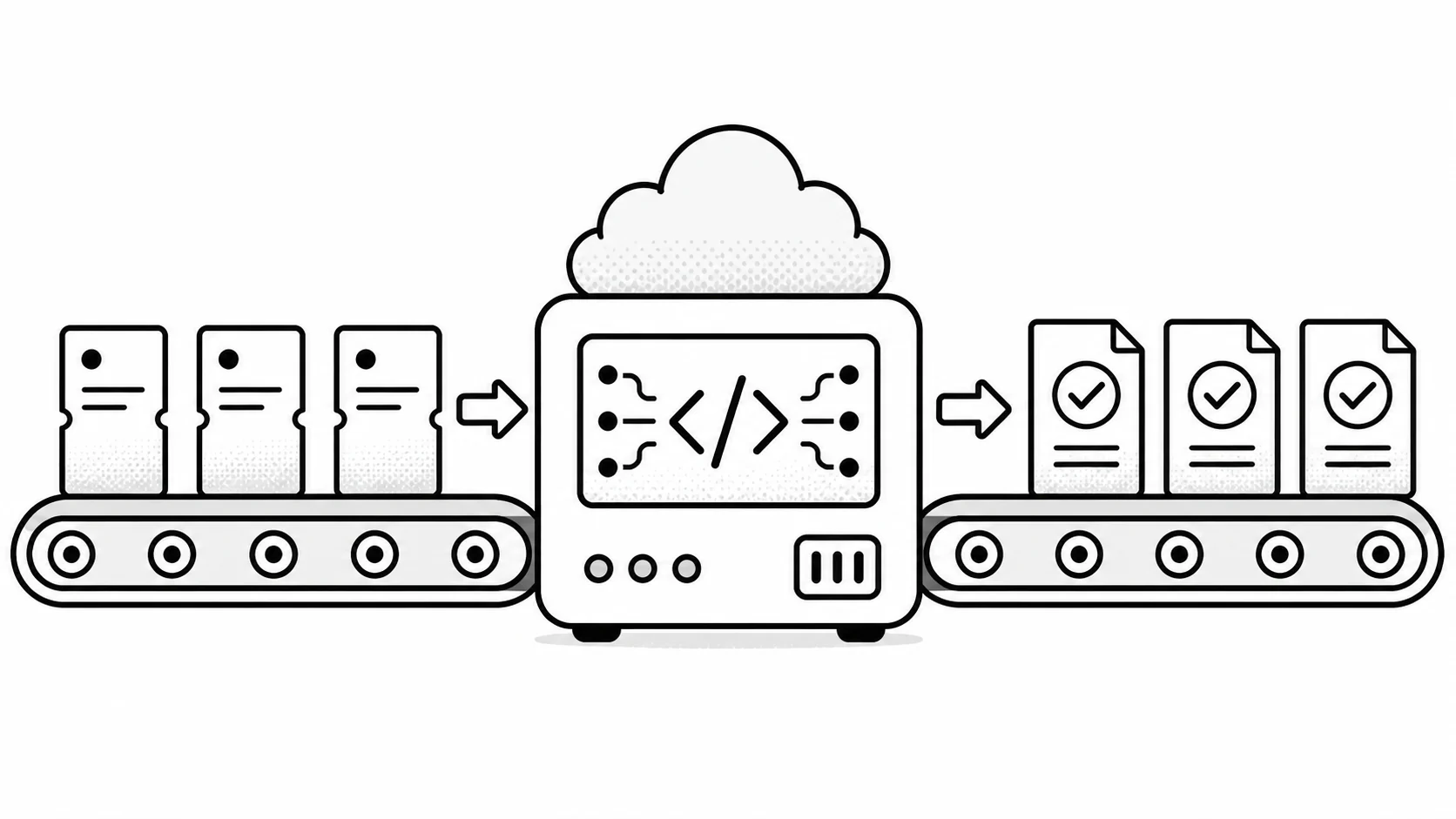 Issue tickets move through a cloud machine and emerge as completed pull requests.