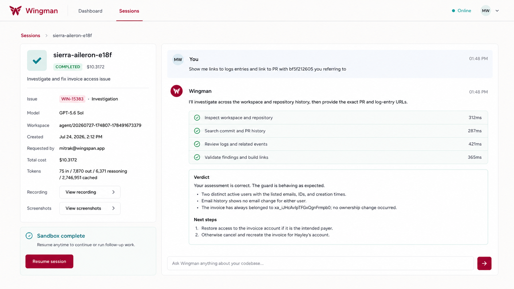 Wingman session showing an investigation, completed tool steps, linked issue details, cost, evidence controls, and a final verdict with next steps.